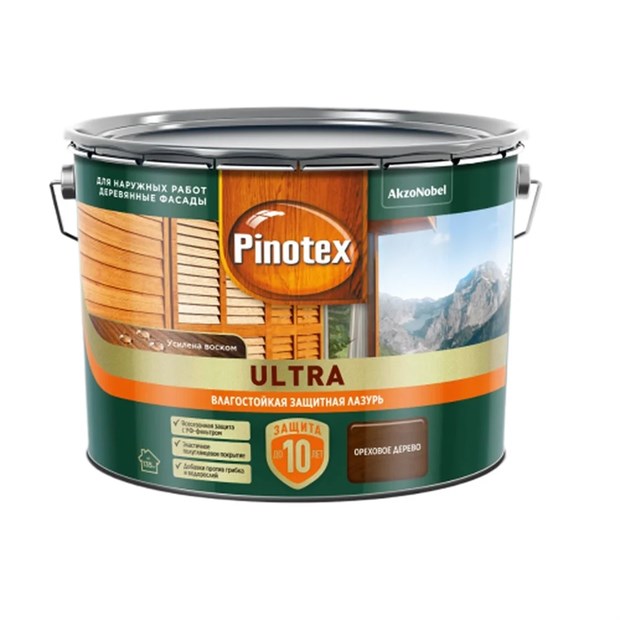 Пропитка Pinotex Ultra ореховое дерево полуглянцевая 9 л зеленая банка С3734